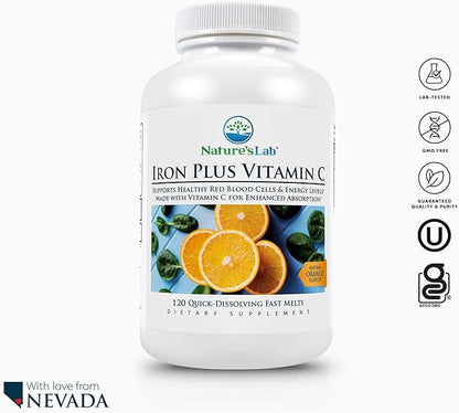 Nature's Lab Iron Plus Vitamin C Fast Melt Tablets - Gentle on the Stomach Carbonyl Iron, High Absorption for Healthy Red Blood Cells* - 120 Tablets