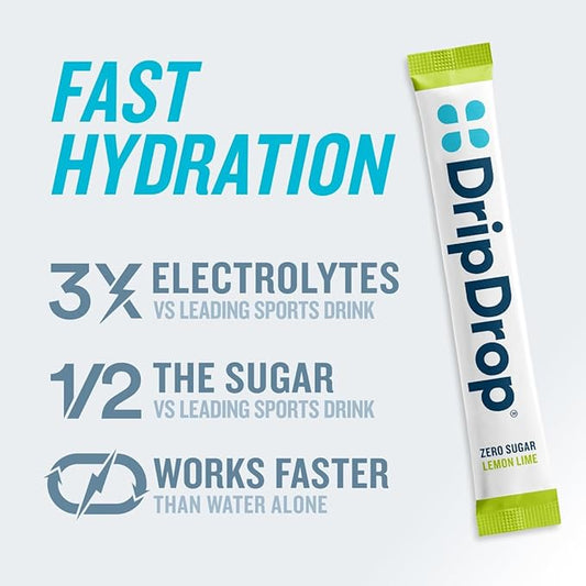 DripDrop Hydration - Zero Sugar Lemon Lime - Electrolyte Drink Mix Single Serve Powder Packets | Non-GMO, Gluten Free, Vegan | 32 Sticks