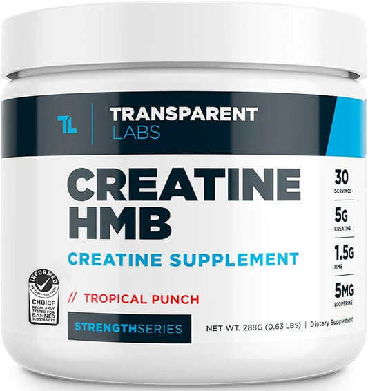 Transparent Labs Creatine HMB - Creatine Monohydrate Powder with HMB for Muscle Growth, Increased Strength, Enhanced Energy Output, and Improved Athletic Performance - 30 Servings, Tropical Punch