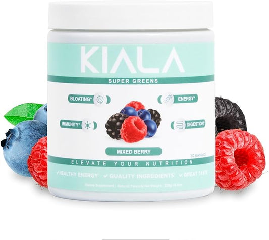 Kiala Nutrition Super Greens, Organic Greens Powder with Spirulina & Chlorella for Digestion, Gut Health, Immunity & Energy, Gluten Free, Vegan, Daily Support for Women, Mixed Berry, 30 Servings