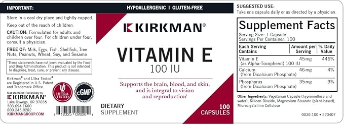 Kirkman Vitamin E 100 IU 100 Vegetarian