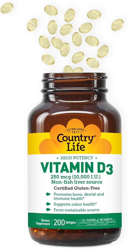 Country Life Vitamin D3 10,000 IU – High Potency Non-Fish Source – Bone & Immune Support – Certified Gluten-Free – 200 Softgels