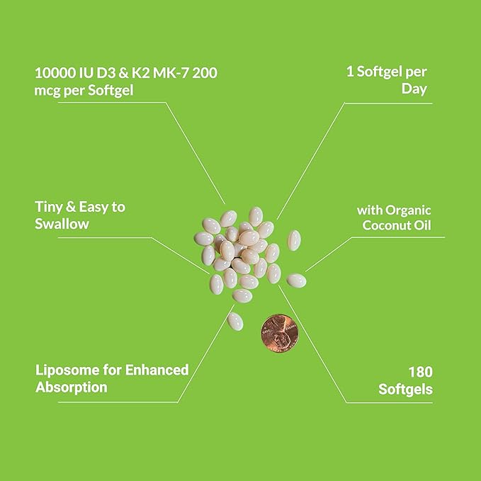 UpNourish Liposomal D3 K2 Vitamin 10000 IU D3 and K2 MK-7 200 mcg - 180 Vitamin D3 k2 (Vitamina D3 con K2) Mini Softgels - Easy to Swallow K2 D3 Vitamin Supplement