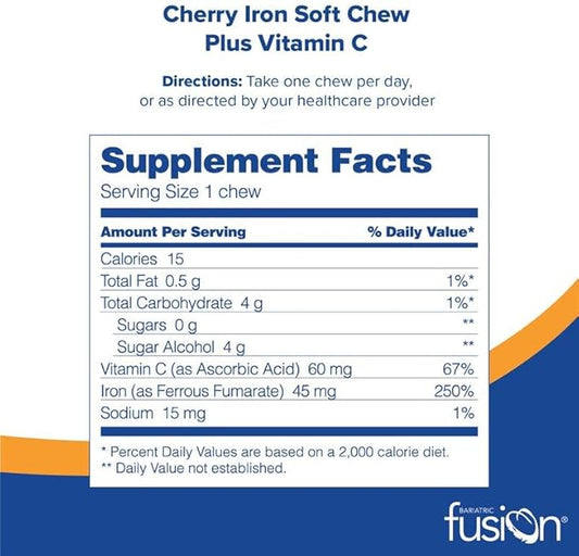Bariatric Fusion Iron Soft Chew with Vitamin C | Cherry Flavored | Chewy Vitamin for Bariatric Patients | Gluten Free | Iron Supplement for Women and Men | 60 Count | 2 Month Supply