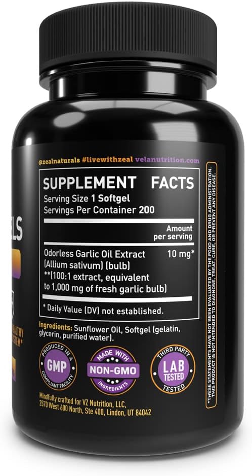 Odorless Garlic Supplement 1,000 mg 3rd Party 200 Capsules