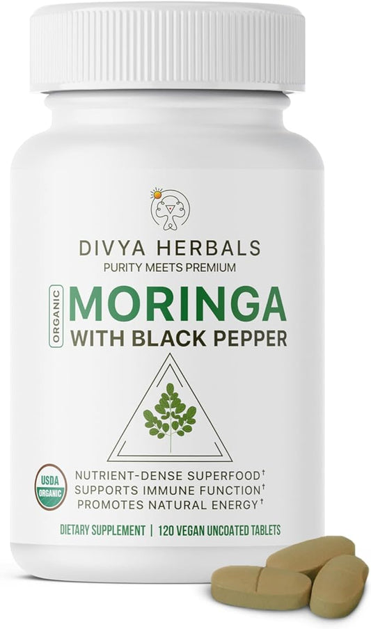Organic Moringa Supplement (1480mg) with Black Pepper – 92 Nutrients & 46 Antioxidants – Natural Multivitamin for Energy, Immunity, Digestion & Detox – 120 Uncoated Vegan Tablets