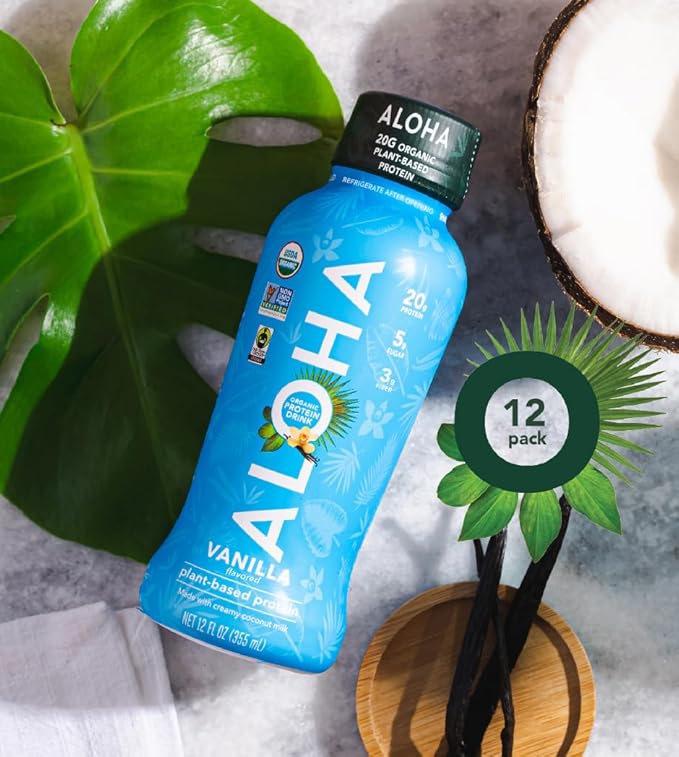 ALOHA Organic Plant Based Vanilla Ready to Drink Protein Shake w/MCT Oil (12 ct, 12oz Bottle) 20g Protein, Meal Replacement, Low Sugar & Carb, Gluten-Free, Paleo, Non-GMO, No Soy, Stevia or Sugar Alcohol…