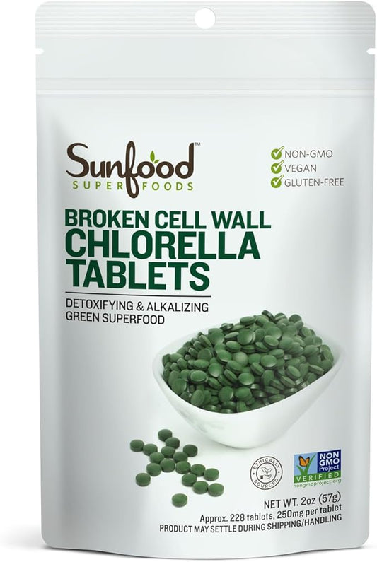 Sunfood Superfoods Chlorella Tablets - Chlorophyll, Chlorella Supplement, Chlorophyll Pills, Broken Cell Wall Algae Capsules, Non GMO, Vegan - 2 oz Bag