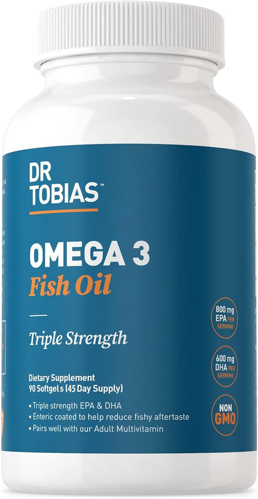 Dr. Tobias Omega 3 Fish Oil, 2000mg Triple 3 Supplement 800mg EPA 600mg DHA 3 Supplements 90 Softgels, 45 Servings