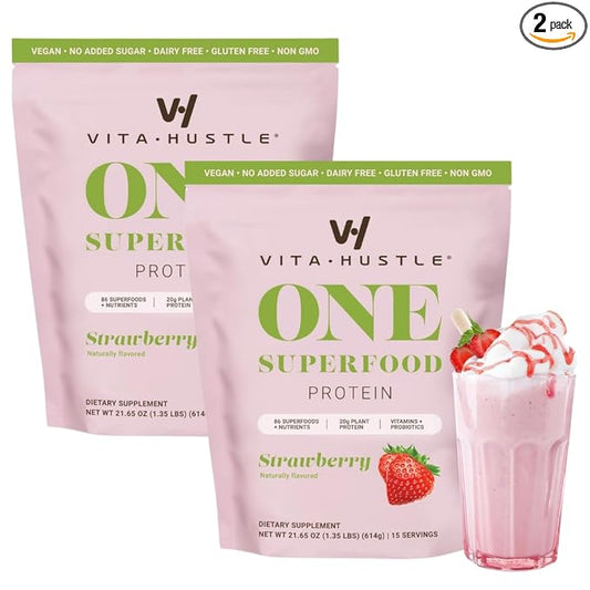 VitaHustle ONE - Superfood Meal Replacement Powder, Plant Based Protein Shake Powder, Vegan. 86 Superfoods, Vitamins, & Minerals, Ashwagandha, Adaptogens. Founded by Kevin Hart. (Strawberry 2-Pack)