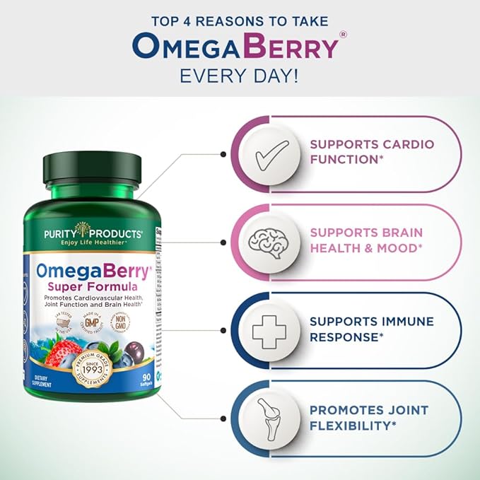 Purity Products OmegaBerry Fish Oil w/Vitamin D3 + 1875 mg Omega-3s 1080 1080 mg 720mg DHA 120 mg 90 Count