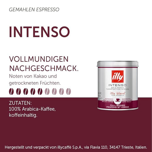 illy Ground Coffee Espresso - 100% Arabica Coffee Ground – Intenso Dark Roast – Warm Notes of Cocoa & Dried Fruit - Rich Aromatic Profile - Precise Roast - No Preservatives – 4.4 Ounce