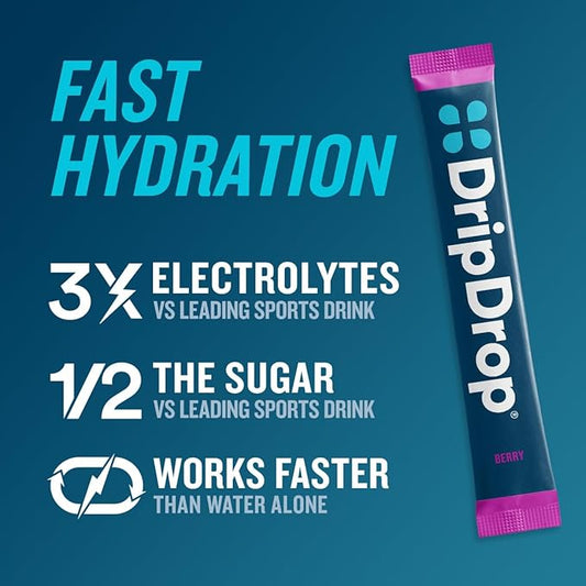 DripDrop Hydration - Berry - Electrolyte Drink Mix Single Serve Powder Packets | Non-GMO, Gluten Free, Vegan | 32 Sticks