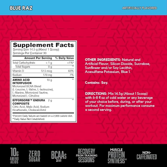 BSN Amino X Muscle Recovery & Endurance Powder with BCAAs, Intra Workout Support, 10 Grams of Amino Acids, Keto Friendly, Caffeine Free, Flavor: Blue Raz, 30 Servings (Packaging May Vary)