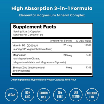 NutraChamps Magnesium Zinc & Vitamin D3 Supplement 120 Vegan