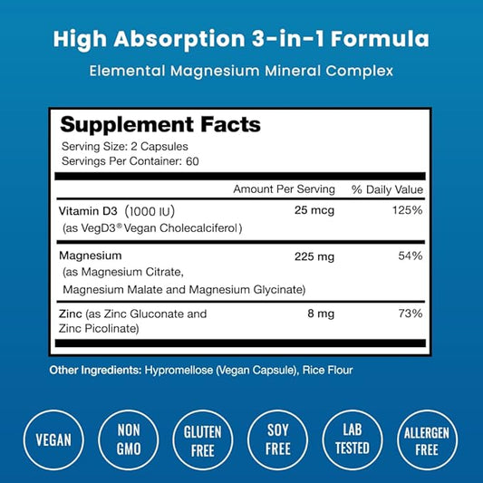 NutraChamps Magnesium Zinc & Vitamin D3 Supplement 120 Vegan