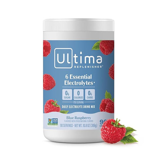 Ultima Replenisher Daily Electrolyte Powder Drink Mix – Blue Raspberry, 90 Servings – Hydration Powder with 6 Electrolytes and Minerals – Keto Friendly, Vegan, Non-GMO and Sugar-Free
