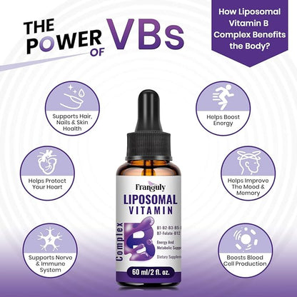 Liposomal Vitamin B Complex Liquid Sublingual B Complex Vitamins Supplement for Women Men Improved Absorption Methylated B12,B1, B2, B3, B5, B6,Folate,Biotin for Energy And Immune Support-4.0 oz
