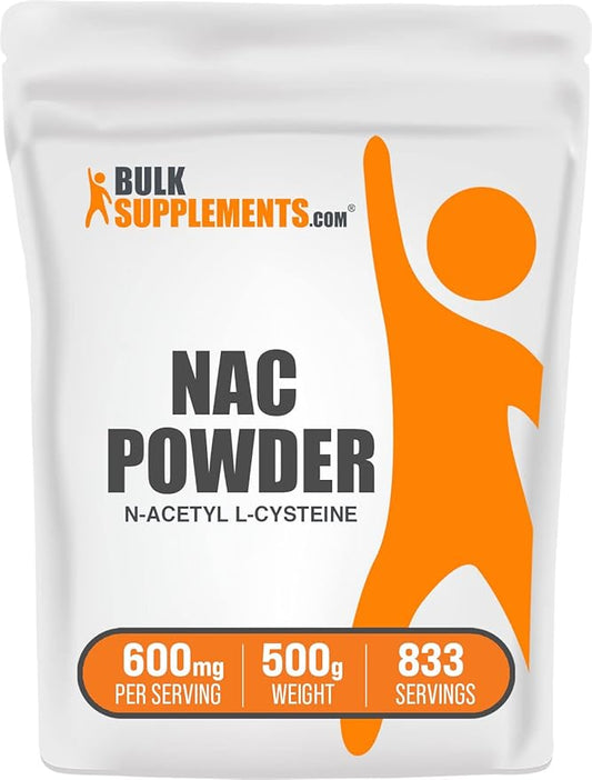 BulkSupplements.com NAC Powder - N-Acetyl Cysteine 600mg, NAC Supplement - Antioxidant Support, Gluten Free - 600mg per Serving, 833 Servings, 500g 1.1 lbs (Pack of 1)