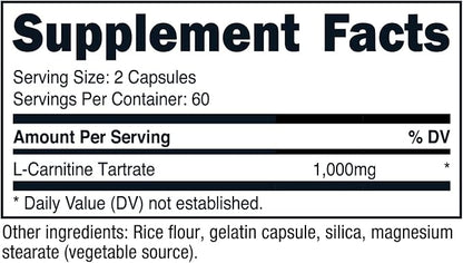 Nutricost L-Carnitine Tartrate 1000mg, 120 Capsules - 500mg Per Capsule (60 Servings)