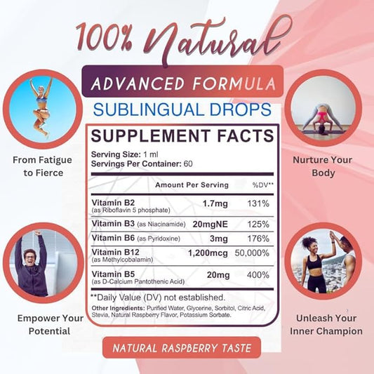 Liquid Vitamin B Complex Supplement B2, B3, B3, B5, B5, B6, B6, & B12 Drops