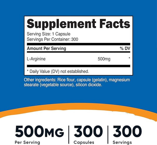 Nutricost L-Arginine 500mg, 300 Capsules (3 Bottles)