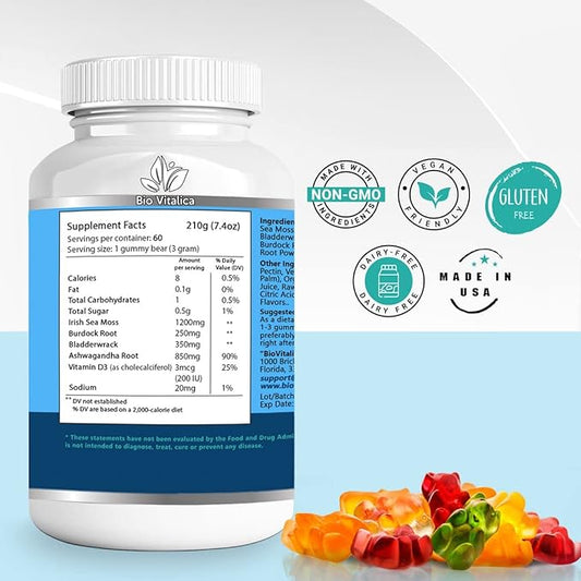 Sea Moss Ashwagandha Gummies - Organic Irish Seamoss & Ashwagandha Root Supplements for Supporting Energy & Immunity for Men & Women, 60 Vegan Gummies