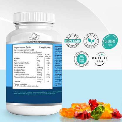 BIO VITALICA Sea Moss Ashwagandha Gummies - Organic Irish Seamoss & Ashwa Root Powder Supplements for Supporting Energy & Immunity for Men and Women