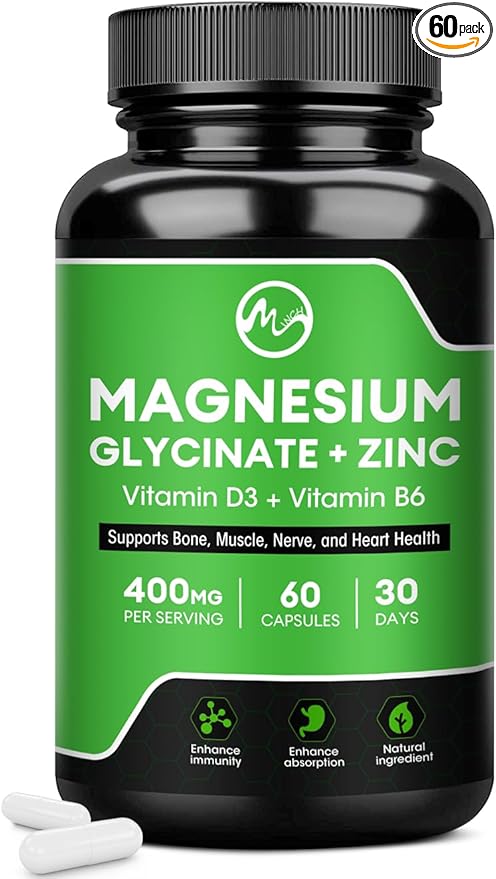 Magnesium Glycinate Capsules, Magnesium Supplement 500mg Zinc D3 & B6 - 60 Vegan