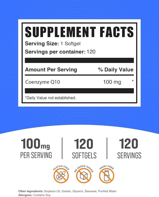 BulkSupplements.com CoQ10 100mg Softgels - Coenzyme Q10 100mg Supplement, Co Q-10 Softgels - Heart Health Support, Gluten Free, 1 Softgel per Serving, 120 Count (Pack of 1)