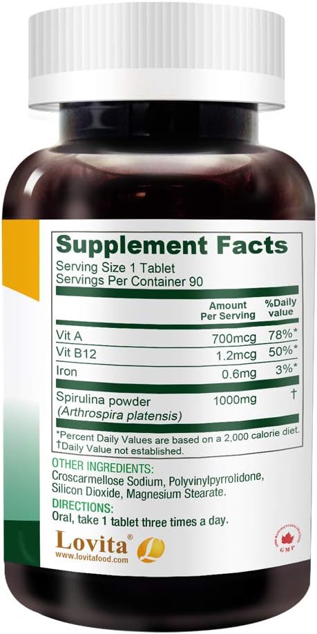 Lovita Organic Spirulina 1000mg per Tablet, Natural Multivitamin Superfood, 100% Vegan Spirulina Tablets, Non-Irradiated, 90 Vegetarian Tablets (Pack of 3)