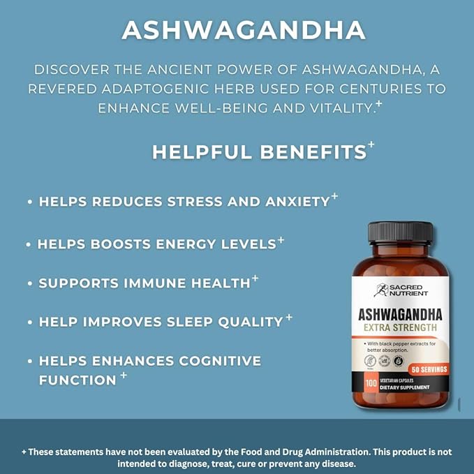 Ashwagandha Organic Extra Strength Supplement 300mg Extract 3000mg Herb), 100 Capsules
