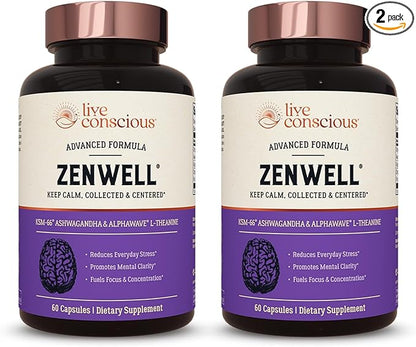 Live Conscious KSM-66 Ashwagandha Supplement w/L Theanine & AlphaWave - ZenWell Everyday Stress Relief, Mood Support, Cognitive, Brain Health - Ashwagandha for Men & Women - 60 Capsules (2-Pack)