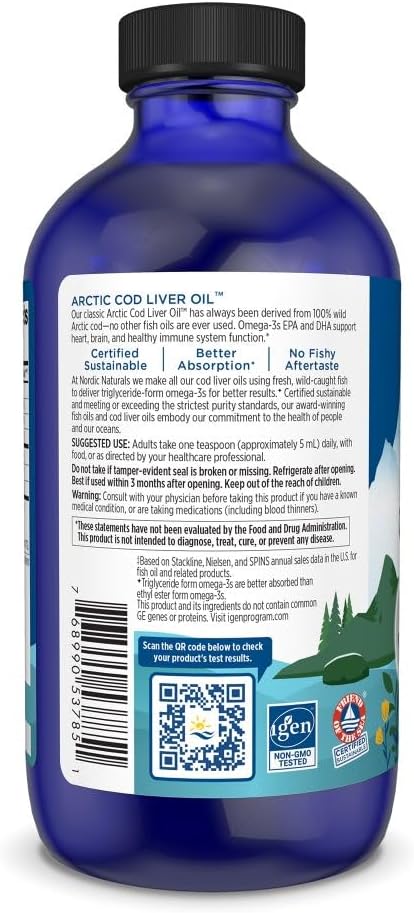 Nordic Naturals Arctic Cod Liver Oil, Unflavored - 8 oz - 1060 mg Total Omega-3s with EPA & DHA - Heart & Brain Health, Healthy Immunity, Overall Wellness - Non-GMO - 48 Servings