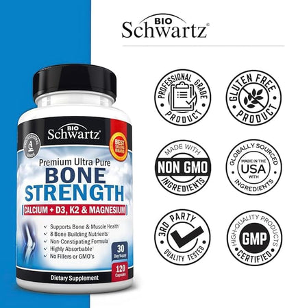Bone Strength Calcium Supplement D3, K2, K2, C, 8 Bone-Building 120 Veggie