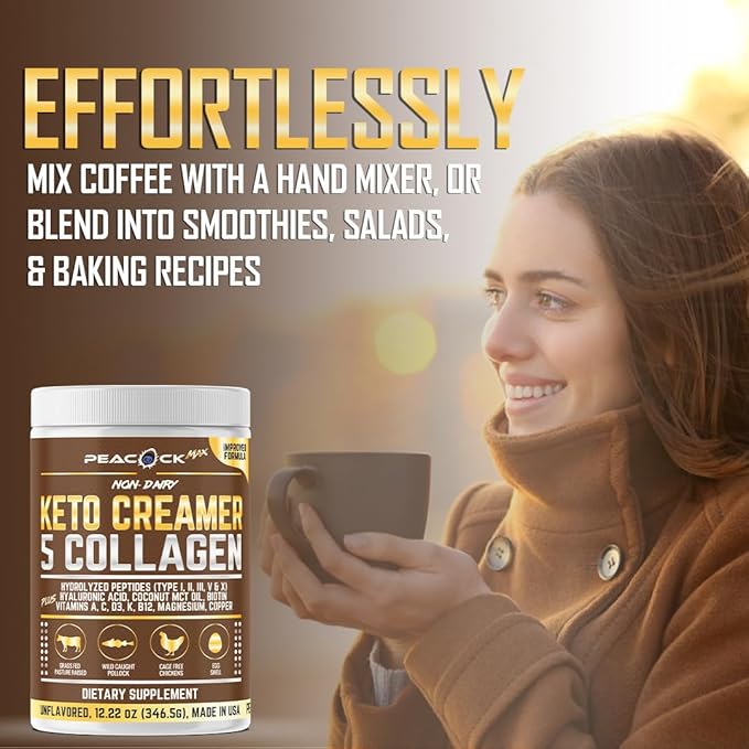 Peacock Max Collagen Keto Creamer Powder, Coconut MCT, Peptides, 12.22 oz, Unflavored, Hydrolyzed, B12, Magnesium (12.22 Ounces (Pack of 1))