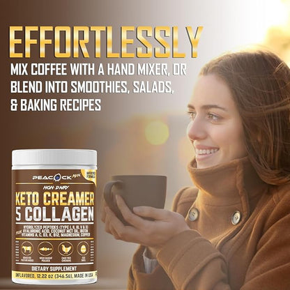 Peacock Max Collagen Keto Creamer Powder, Coconut MCT, Peptides, 12.22 oz, Unflavored, Hydrolyzed, B12, Magnesium (12.22 Ounces (Pack of 1))