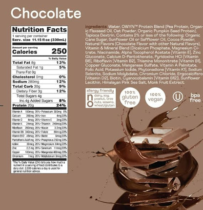 OWYN Plant-Based Complete Nutrition Protein Shake, 20g plant 23 Vitamins 12 pack)