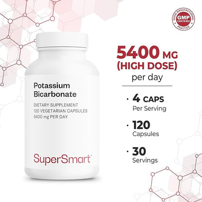 Supersmart - Potassium Bicarbonate 5400mg per Day (High Dose) - Electrolyte Mineral - Acid-Base Balance pH - Heart, Muscle & Nerve Health | Non-GMO & Gluten Free - 120 Vegetarian Capsules