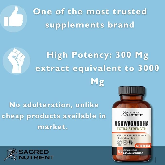 Ashwagandha Organic Extra Strength Supplement 300mg Extract 3000mg Herb), 100 Capsules