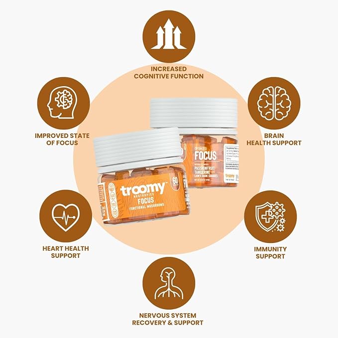 Troomy Lion's Mane Focus Gummies 60 Count - Natural Tangerine and Passionfruit Flavor, Gelatin-Free, Gluten-Free, Vegetarian