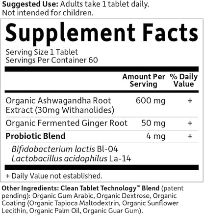 Garden of Life Organics Ashwagandha Stress, Mood & Energy Support Supplement with Probiotics & Ginger Root for Digestion - Vegan, Gluten Free, Non GMO – 2 Month Supply, 60 Tablets