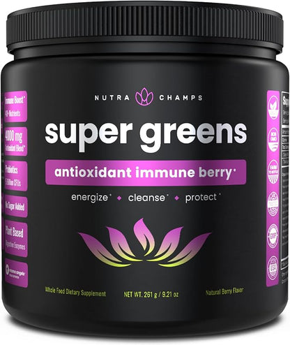 NutraChamps Super Greens Powder Premium Antioxidant Superfood, 40+ Greens and Superfoods Including Wheatgrass & Spirulina, Probiotic Powder Greens, Sweet Berry