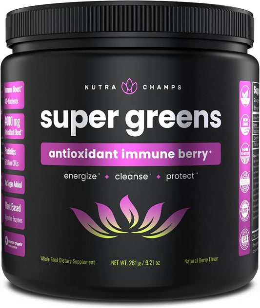 NutraChamps Super Greens Powder Premium Antioxidant Superfood, 40+ Greens and Superfoods Including Wheatgrass & Spirulina, Probiotic Powder Greens, Sweet Berry
