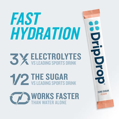 DripDrop Hydration - Zero Sugar Peach - Electrolyte Drink Mix Single Serve Powder Packets | Non-GMO, Gluten Free, Vegan | 32 Sticks