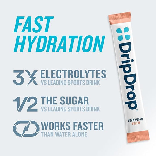 DripDrop Hydration - Zero Sugar Peach - Electrolyte Drink Mix Single Serve Powder Packets | Non-GMO, Gluten Free, Vegan | 32 Sticks