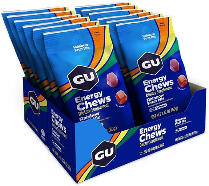 GU Energy Chews, Rainbox Mix Energy Gummies with Electrolytes, Vegan, Gluten-Free, Kosher, Caffeine Free, and Dairy-Free On-The-Go Energy for Any Workout, 12 Bags (24 Servings Total)