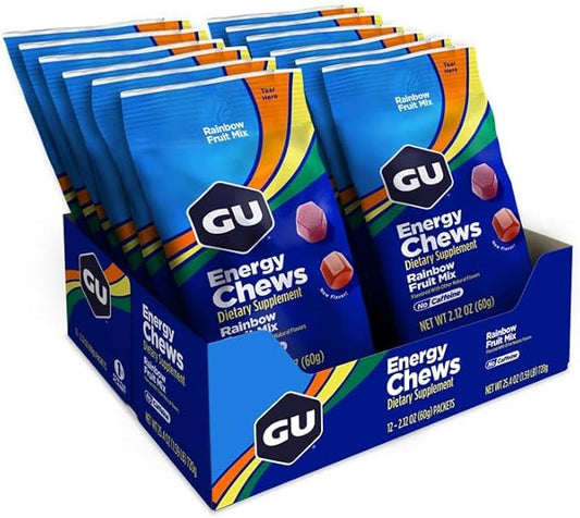 GU Energy Chews, Rainbox Mix Energy Gummies with Electrolytes, Vegan, Gluten-Free, Kosher, Caffeine Free, and Dairy-Free On-The-Go Energy for Any Workout, 12 Bags (24 Servings Total)