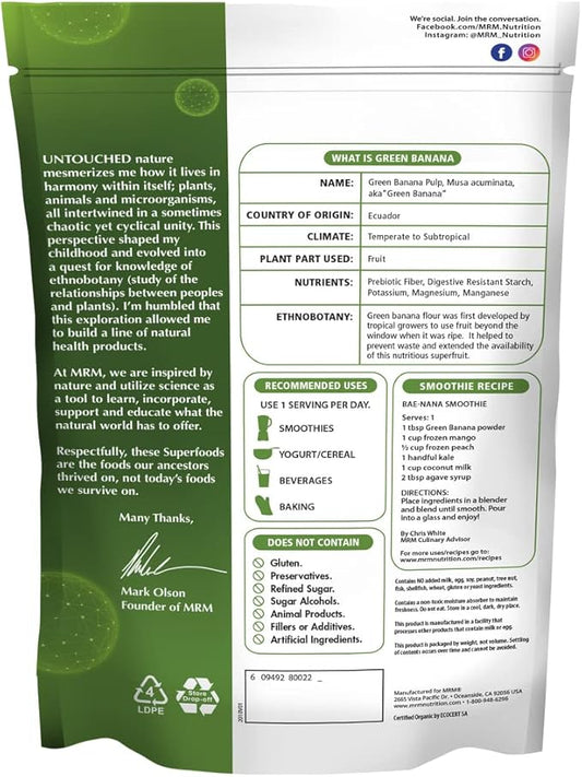 MRM Nutrition Organic Green Banana Powder | Superfoods | High-Fiber | Flour Alternative | Prebiotic Fiber | 40 Servings