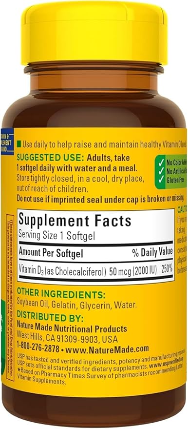 Nature Made Vitamin D3 2000 IU Liquid Softgels 90 ea (Pack of 2)